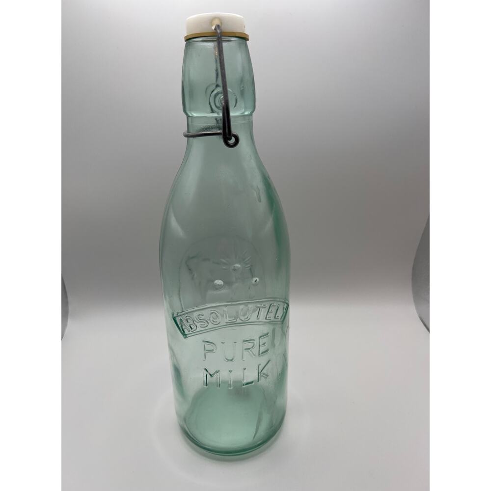 Vintage Absolute Pure Milk Glass Bottle Italy Swing Top Embossed Farmhouse 11" - Picture 4 of 9